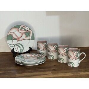 Rare‎ Vintage Fitz & Floyd MCM Flamingo Road Porcelain Dessert Plates Mugs Set 4